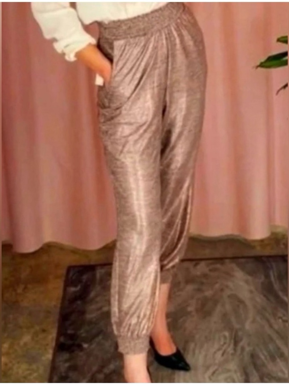 Anthropologie Metallic Joggers Melora Pink Rose Gold Elastic Waist Pants XS - Picture 13 of 13